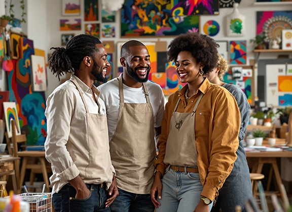 Three artists collaborating and smiling