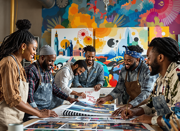 Group of artists collaborating around a table