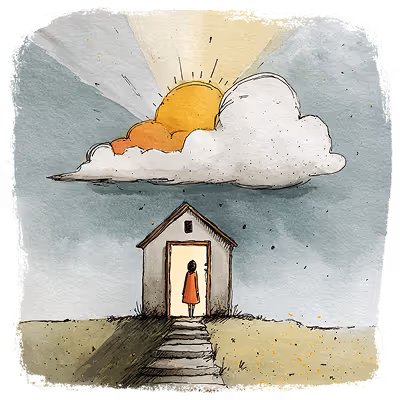 Person standing in a small house doorway with light shining through it.