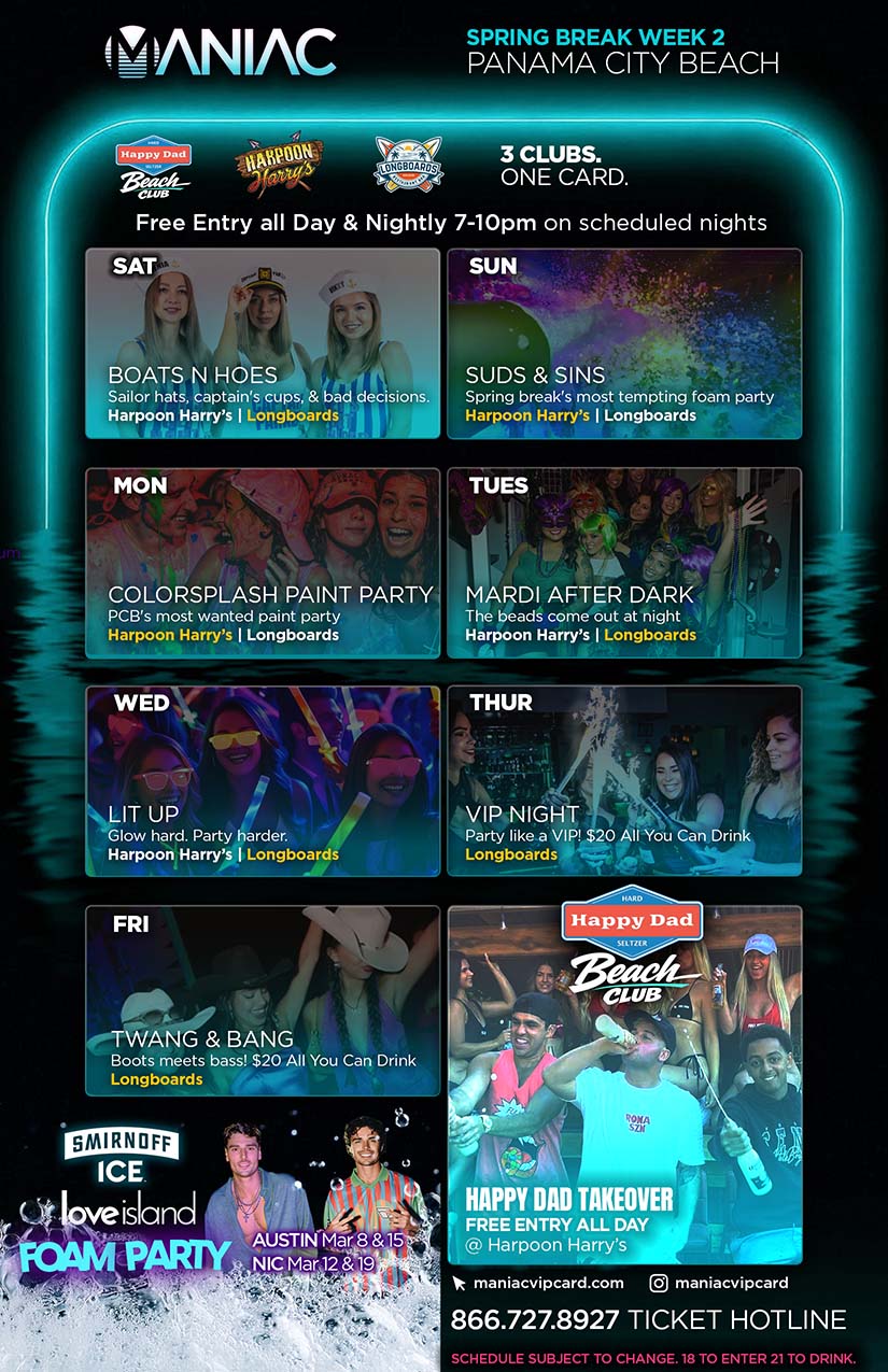 Panama City Beach Maniac card sample schedule