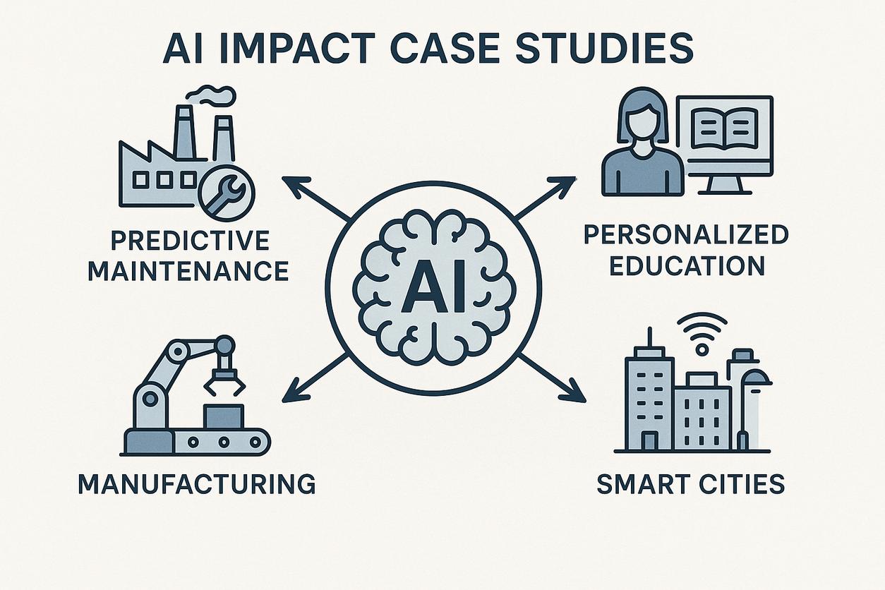 Montage of AI impact cases showing manufacturing, education, and smart city applications