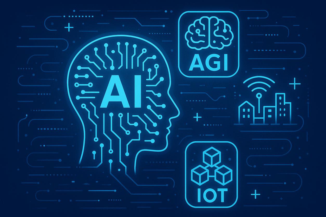 Futuristic network visualization showing AGI, IoT, and blockchain connections
