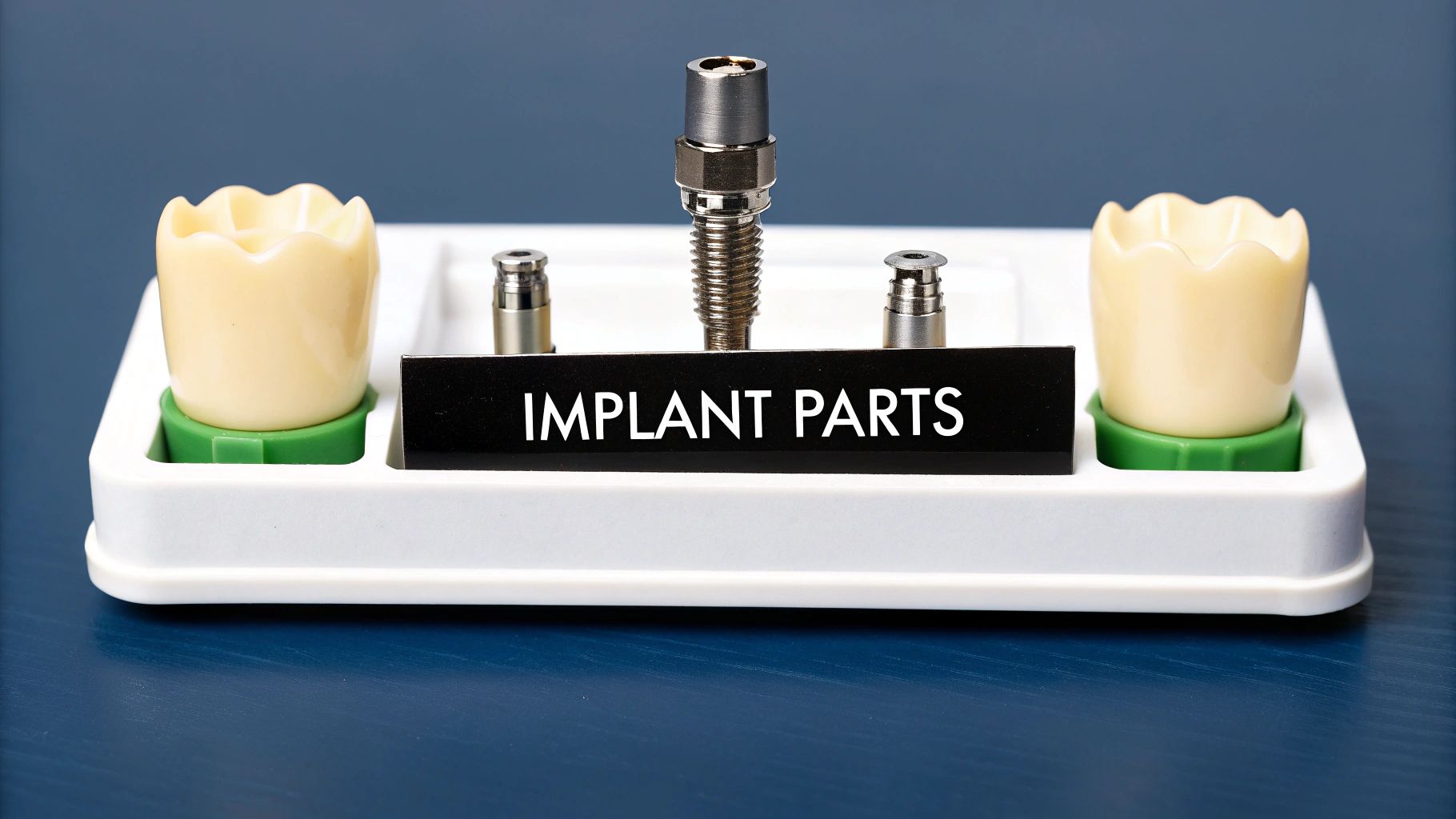 Dental implant model showing the post, abutment, and crown.