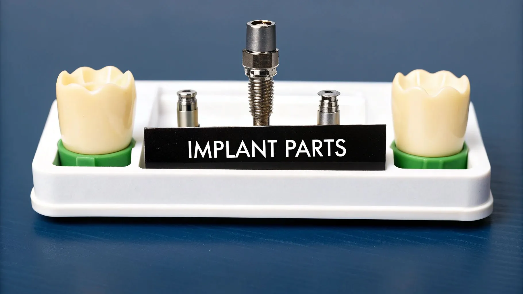 Dental implant model showing the post, abutment, and crown.