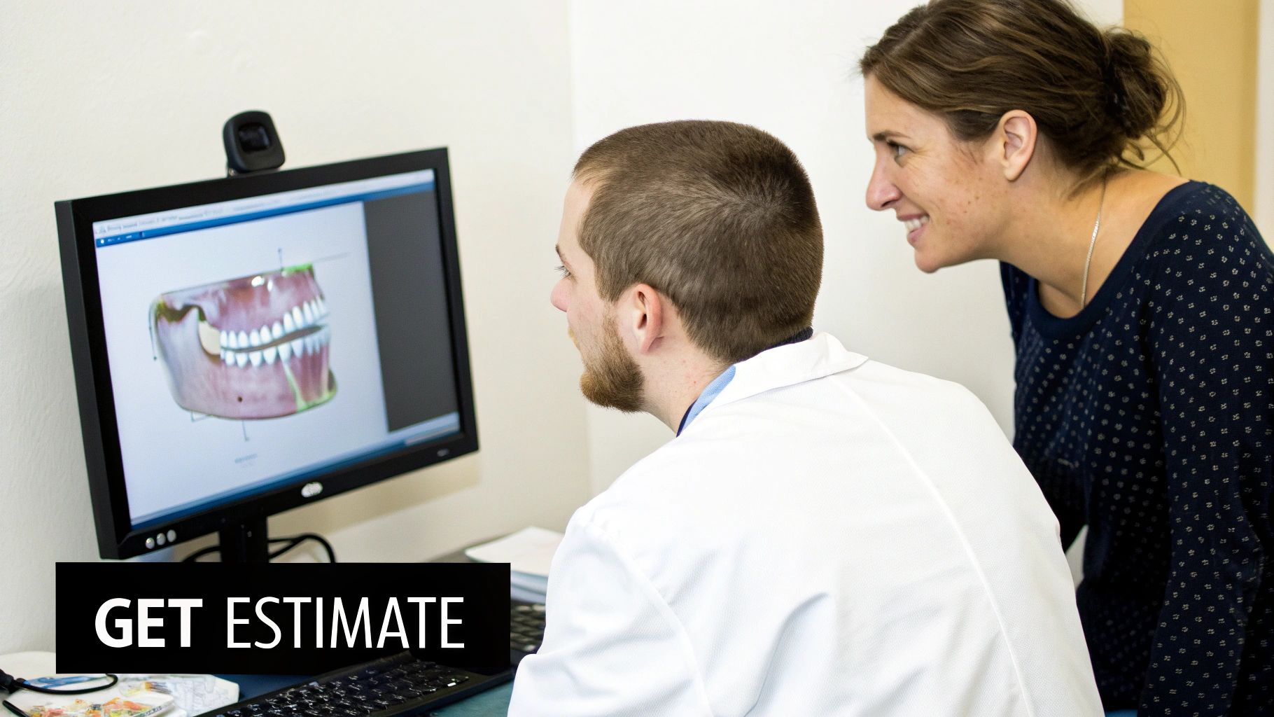 Dentist showing a patient a 3D scan of their jaw on a screen.