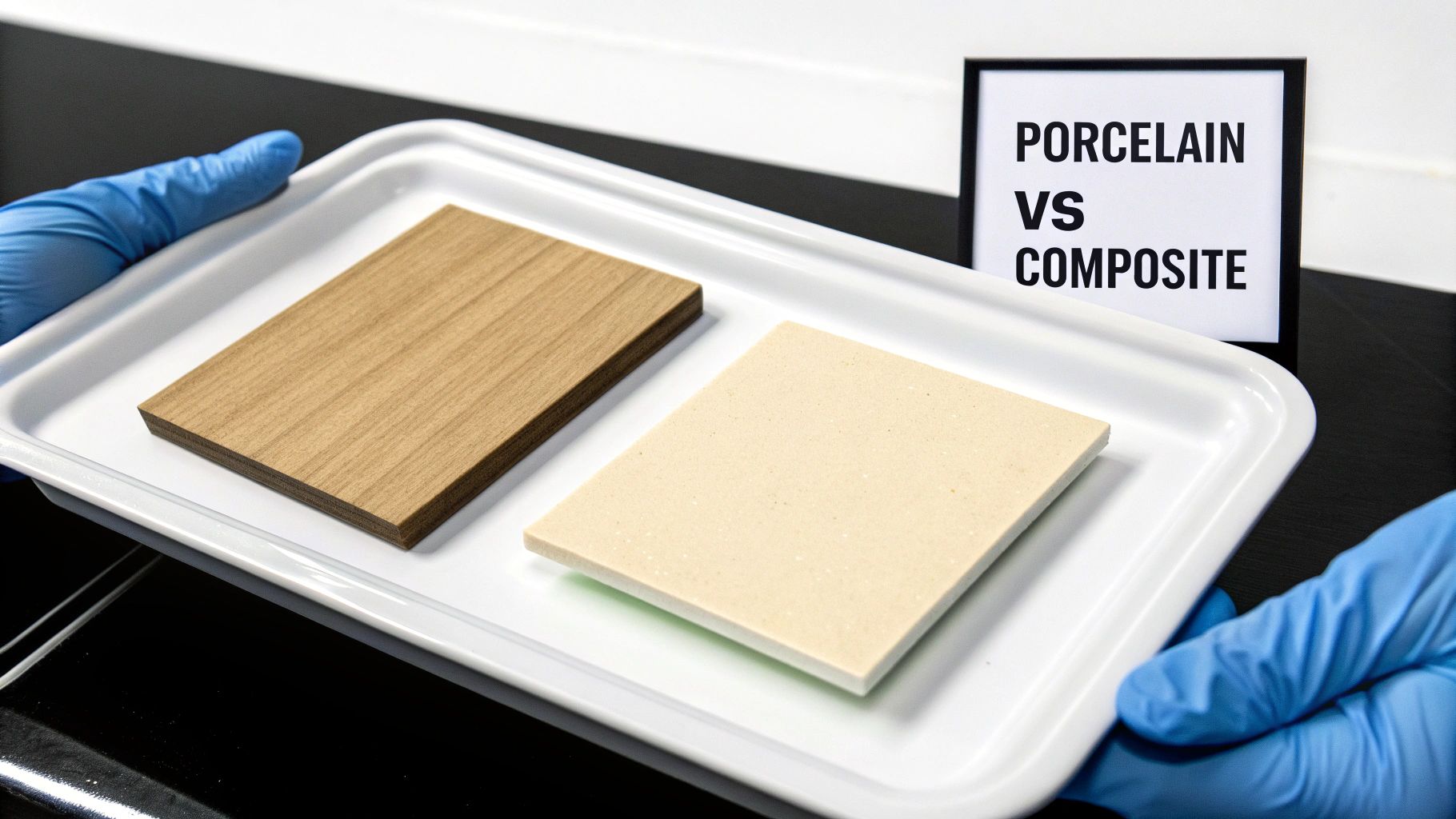 Dentist showing a patient a model of teeth with veneers.