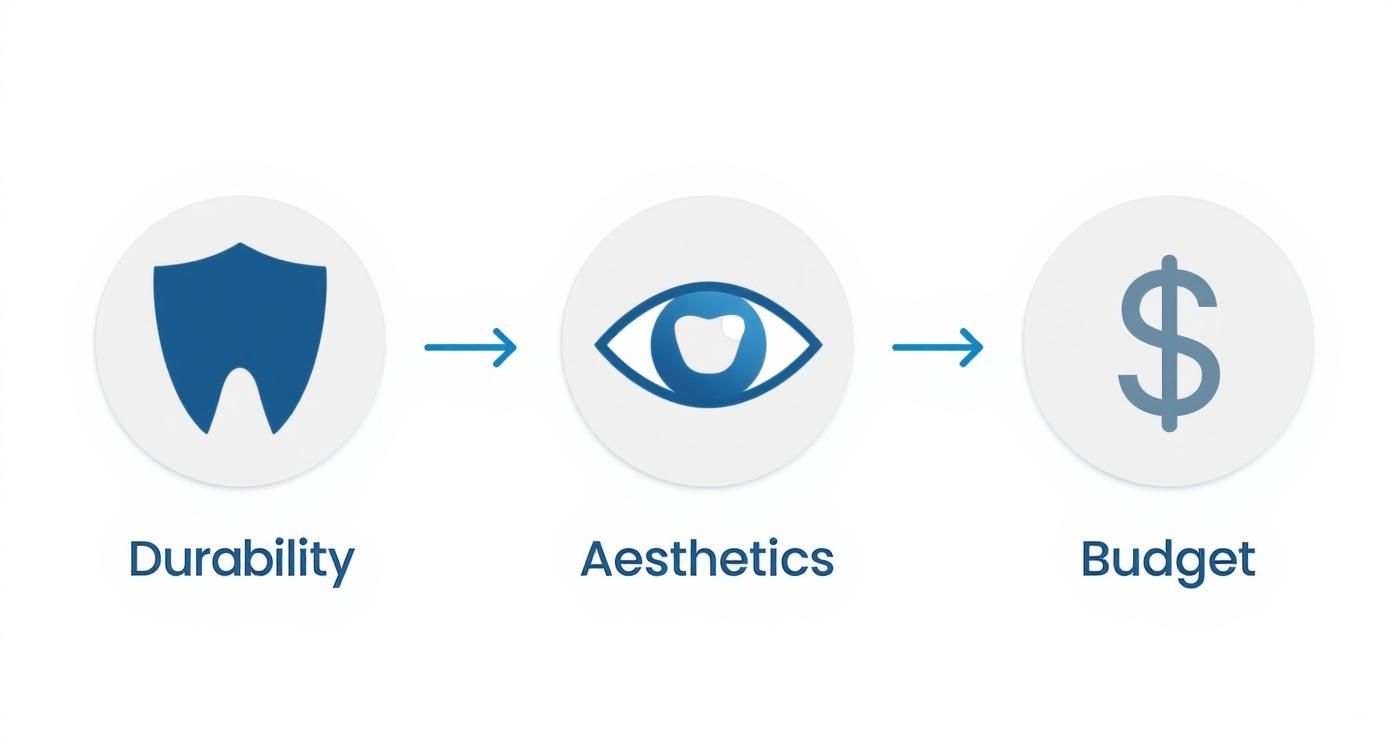 Infographic showing the process of choosing a dental crown based on durability, aesthetics, and budget.