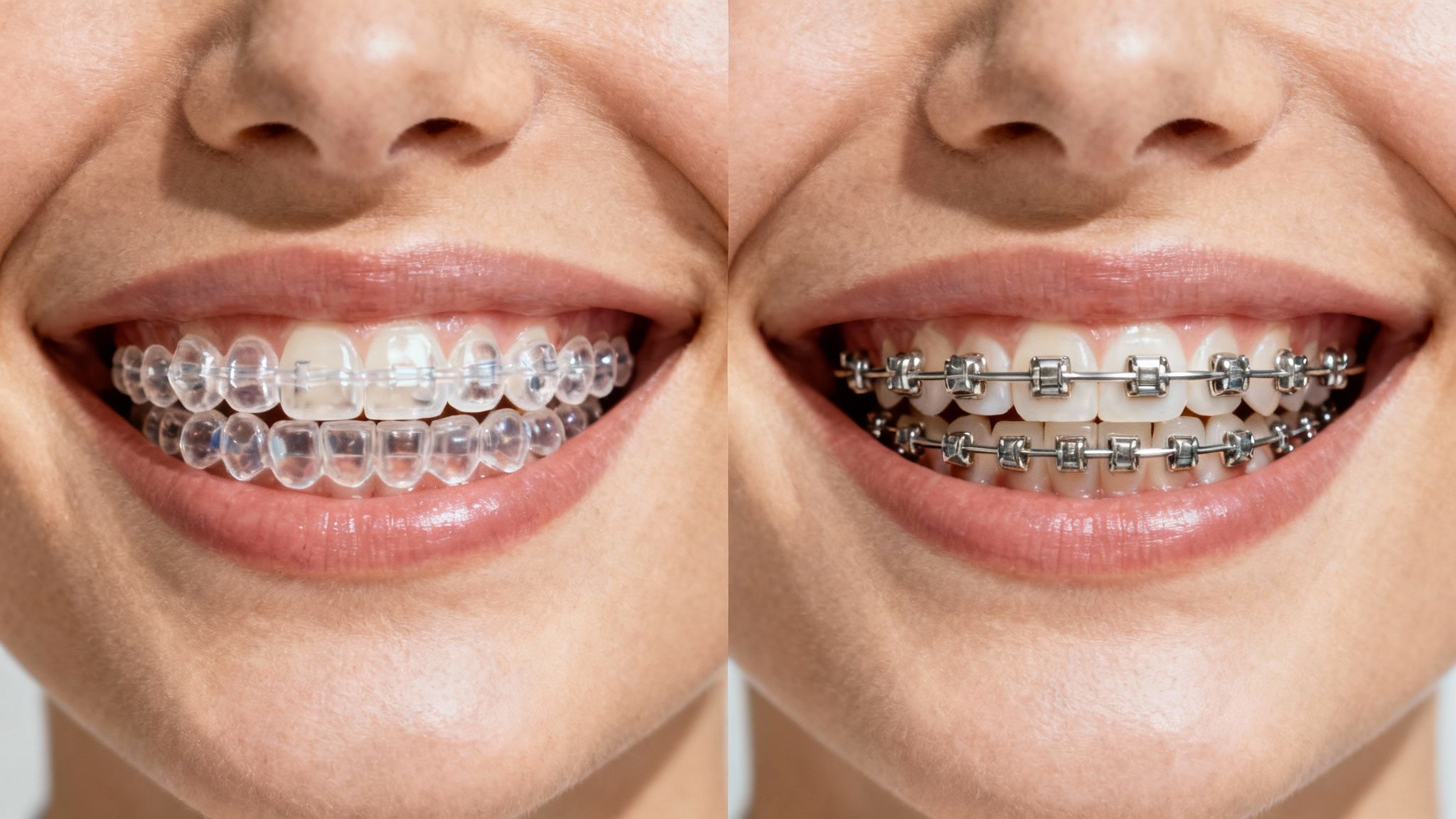 Two women smiling, one with clear aligners and one with traditional braces, illustrating the main comparison.