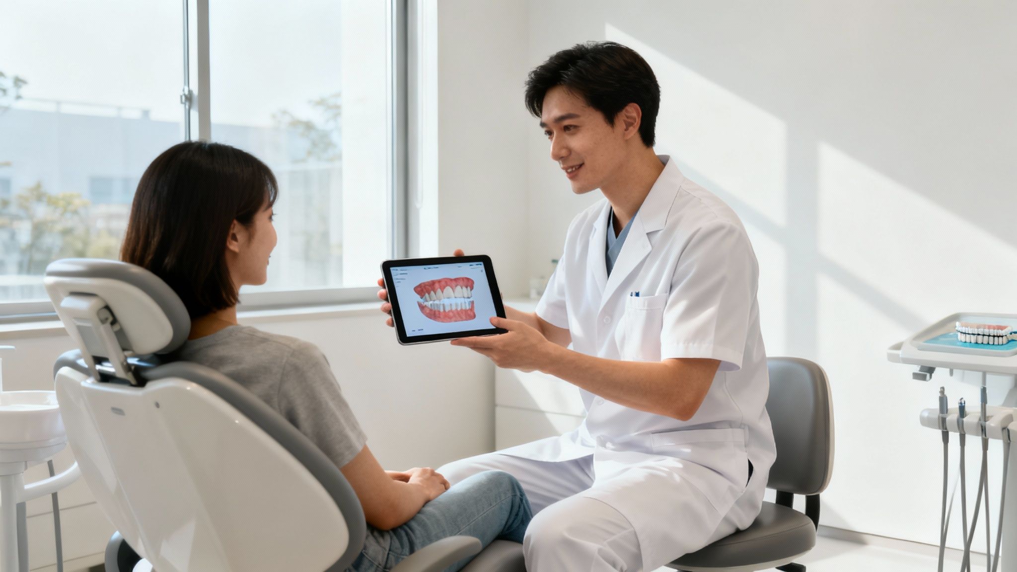 A dentist discussing a treatment plan with a patient on a tablet.