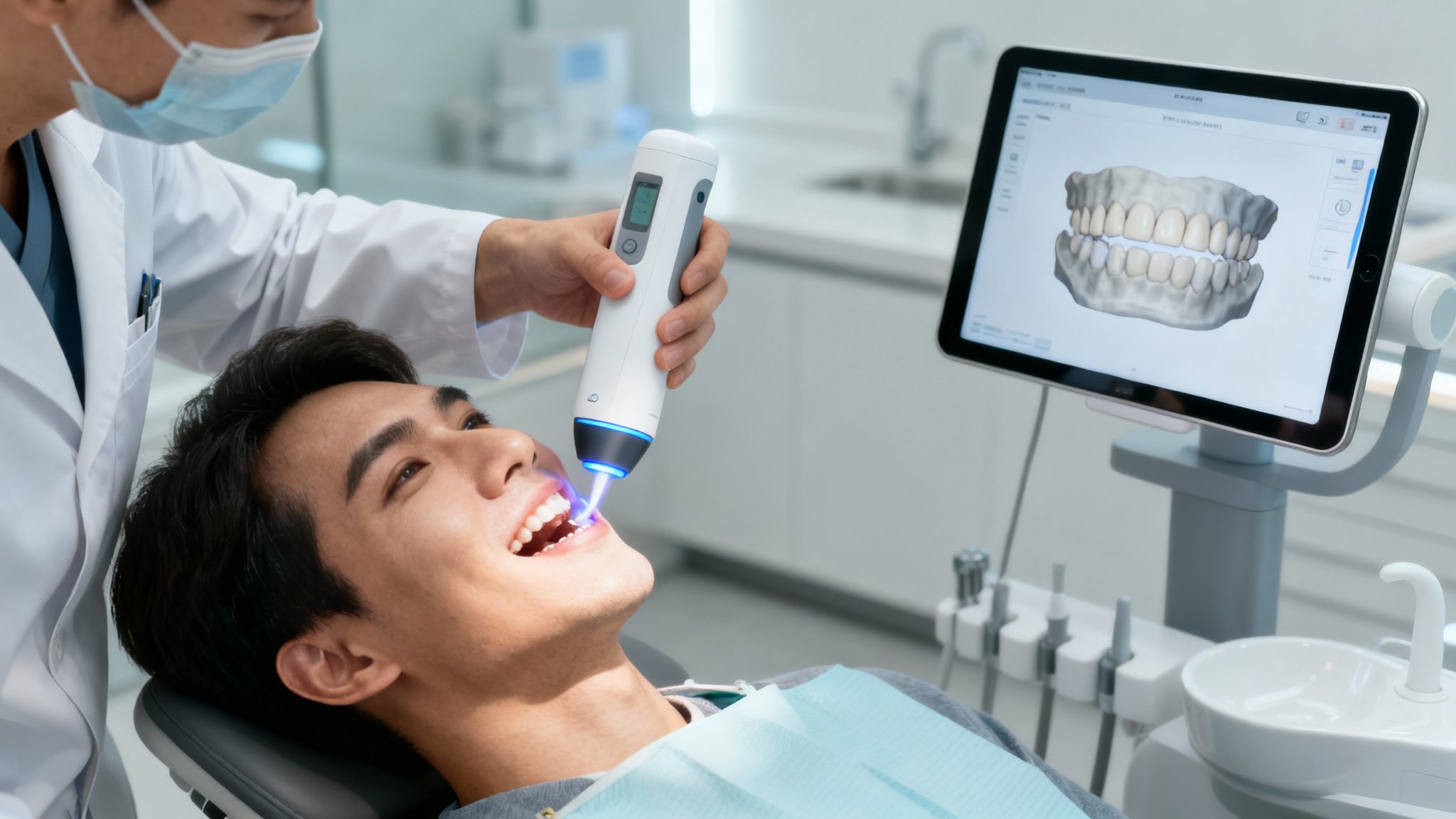 A person smiling while placing a clear aligner in their mouth.