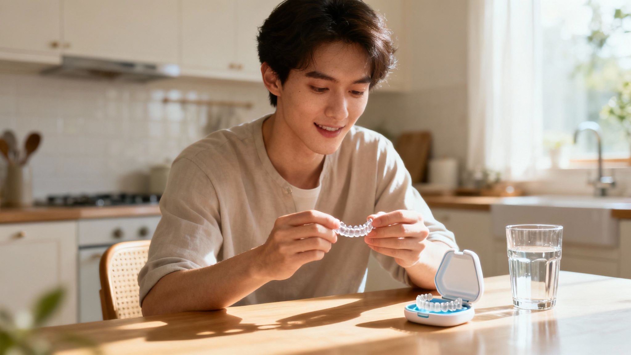 A split image showing a person with clear aligners on one side and a person with traditional braces on the other.