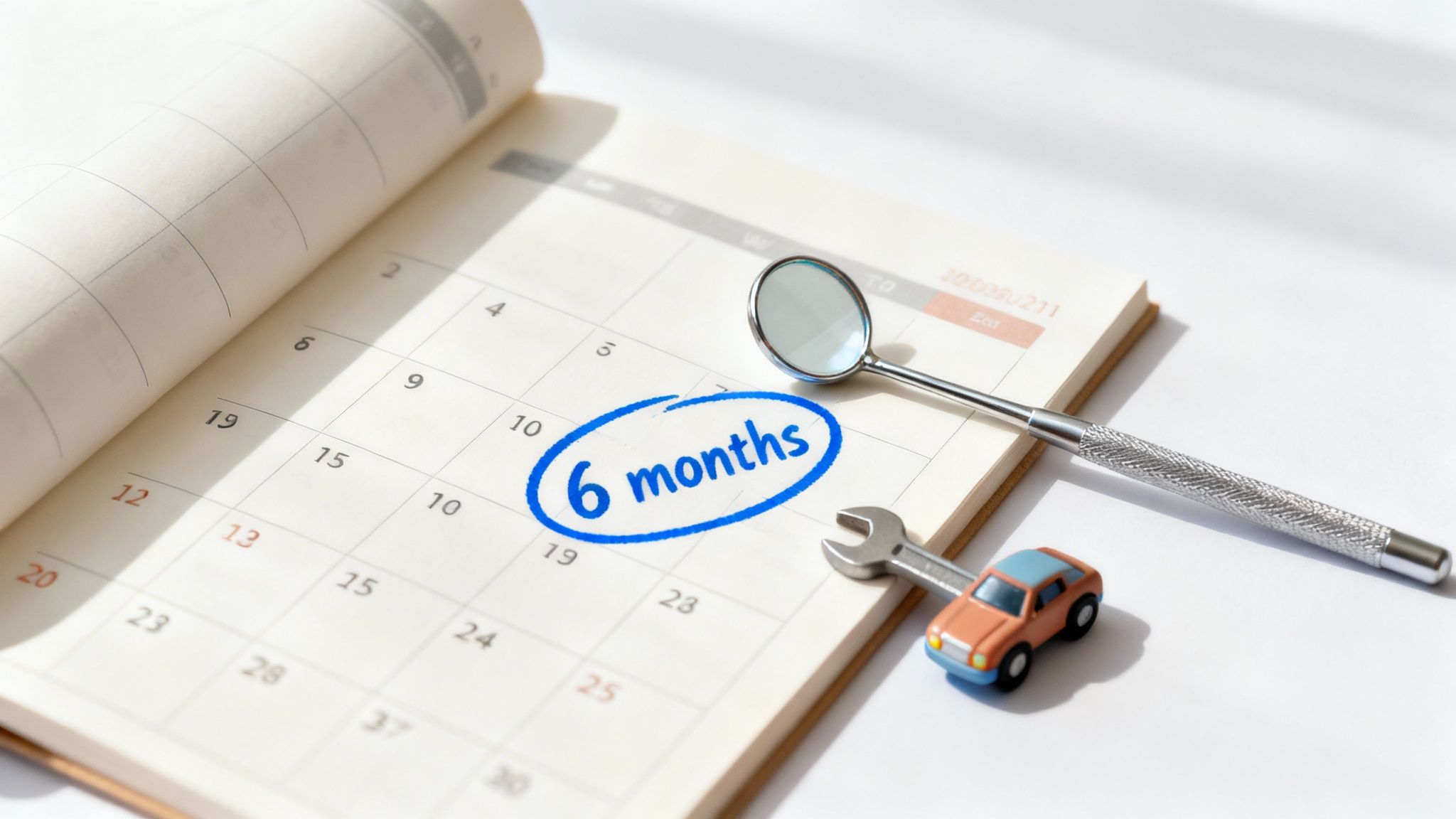 Calendar with six months circled in blue, dental mirror, wrench, and toy car showing maintenance schedule