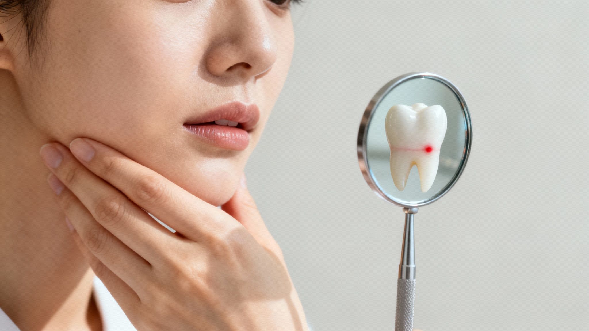 Woman experiencing tooth pain looking at dental mirror showing tooth with cavity problem
