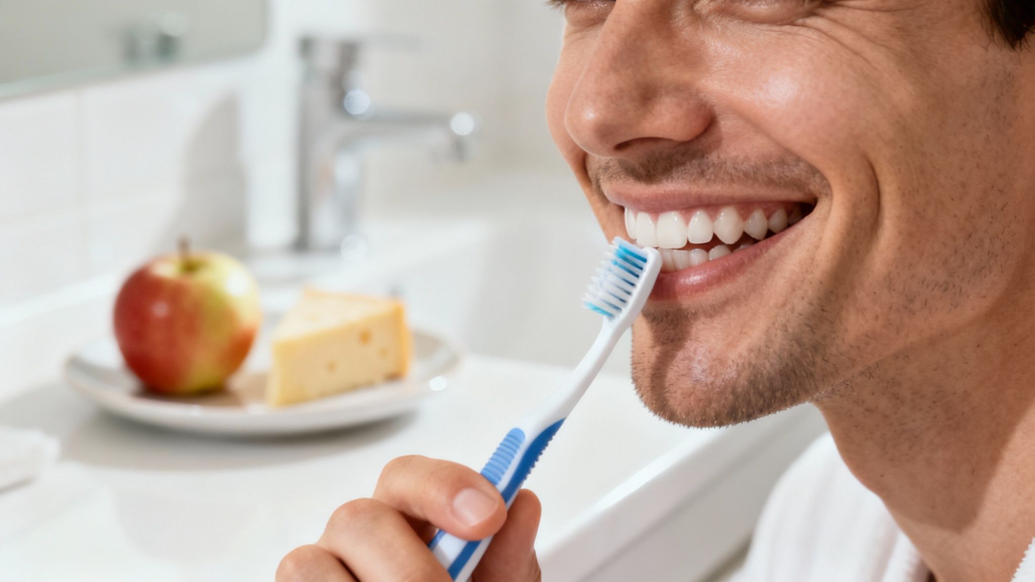 Man brushing teeth with blue toothbrush in bright bathroom with healthy snacks