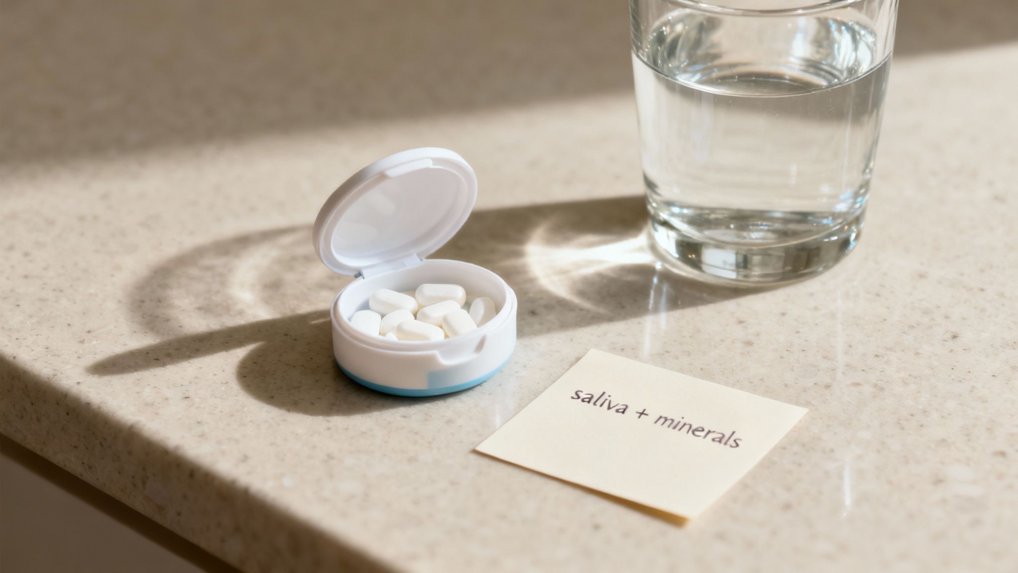 White pill container with tablets next to glass of water and saliva minerals card