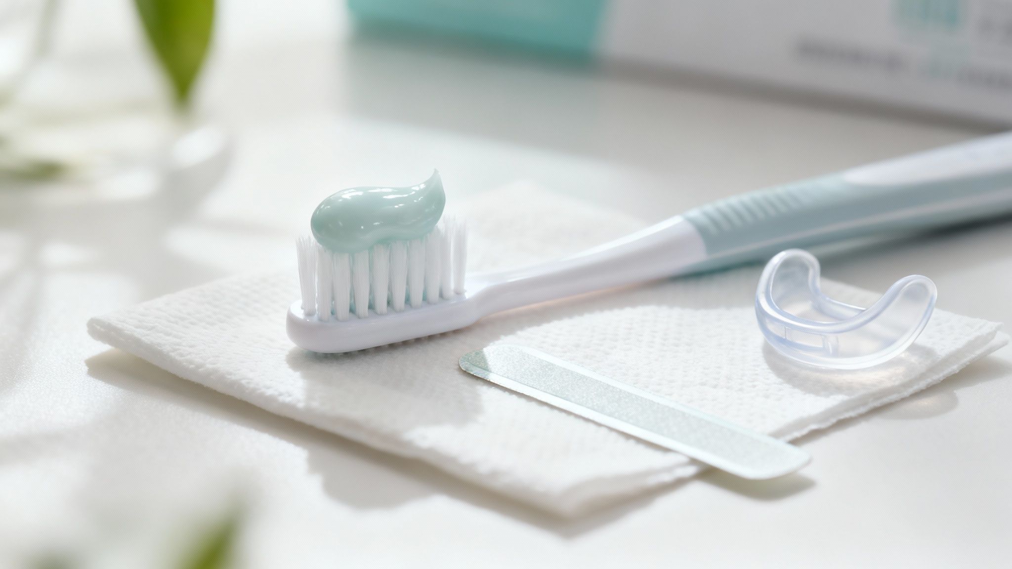 Toothbrush with mint toothpaste beside mouthguard and chewing gum on white surface