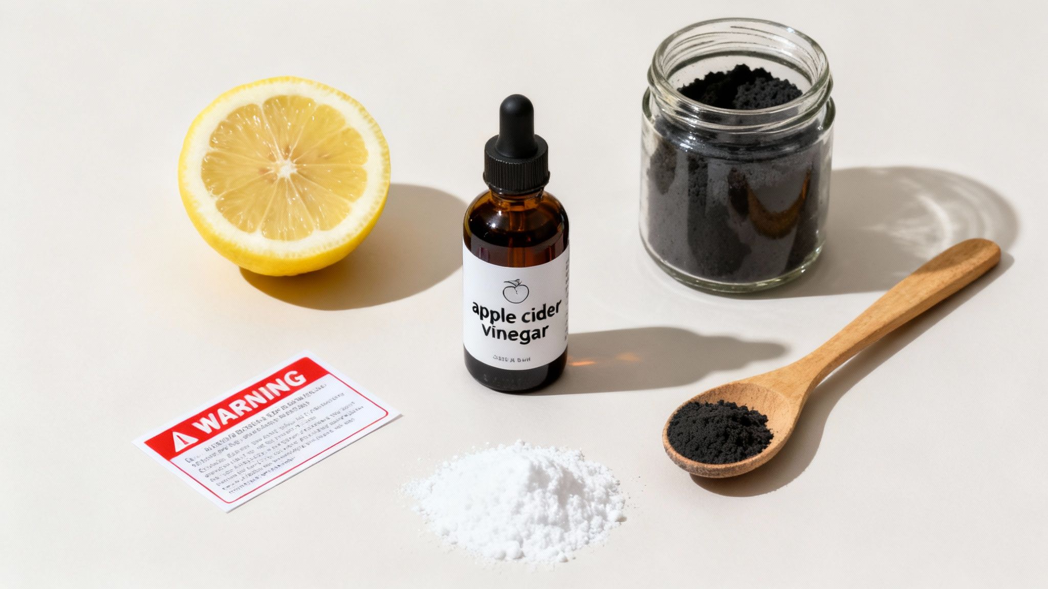 Natural teeth whitening ingredients including lemon, apple cider vinegar, activated charcoal, and baking soda with warning label