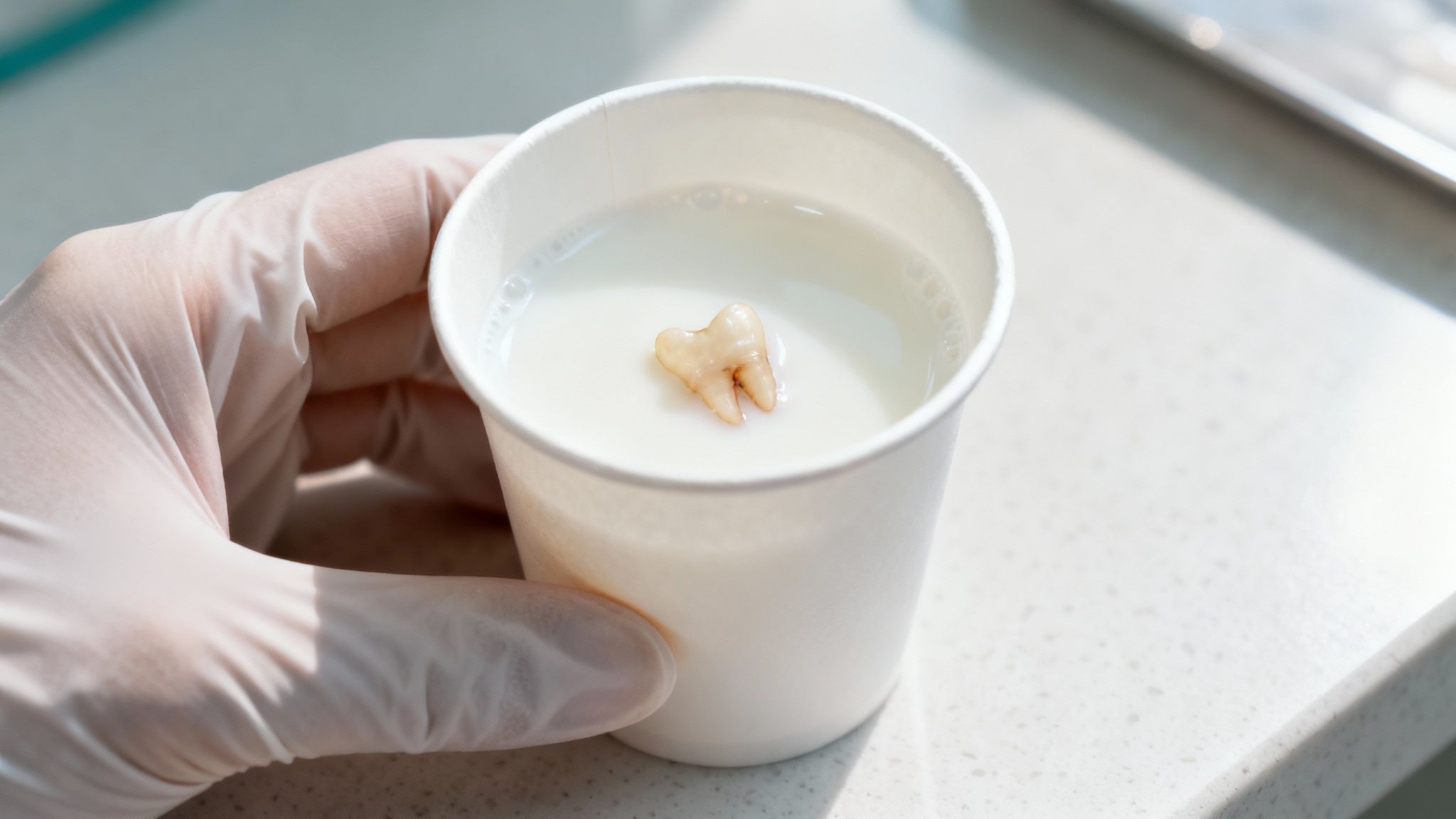 Gloved hand holding white cup with extracted knocked out tooth in dental solution