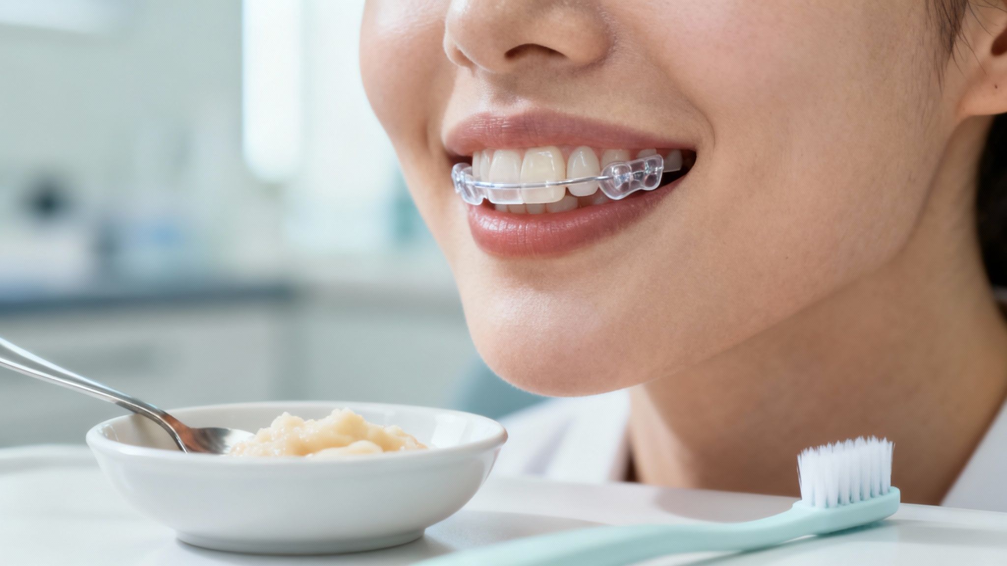 Woman wearing clear orthodontic aligners eating soft food with toothbrush nearby for dental care