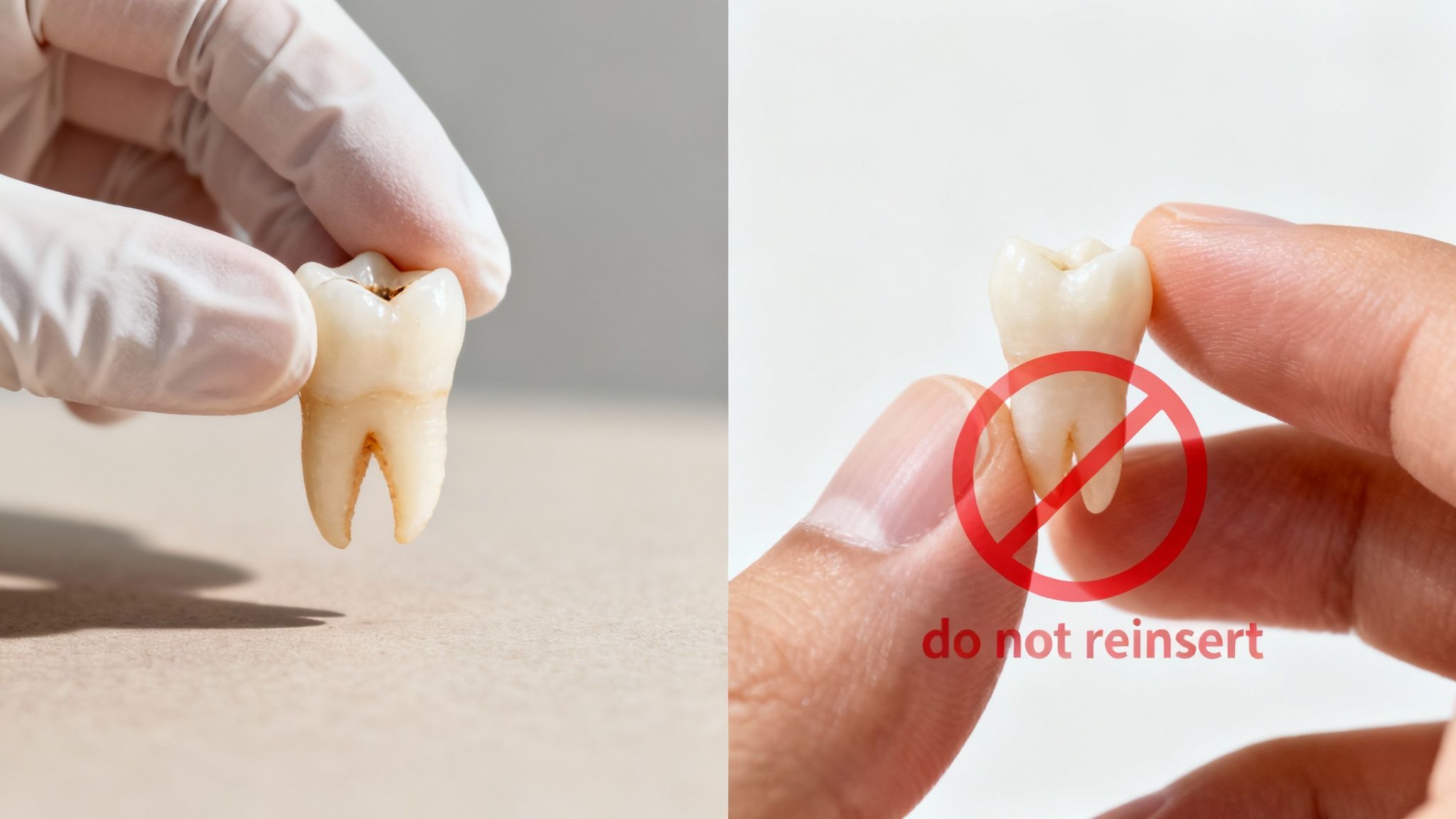 Dental emergency showing knocked out tooth with decay and warning not to reinsert contaminated tooth