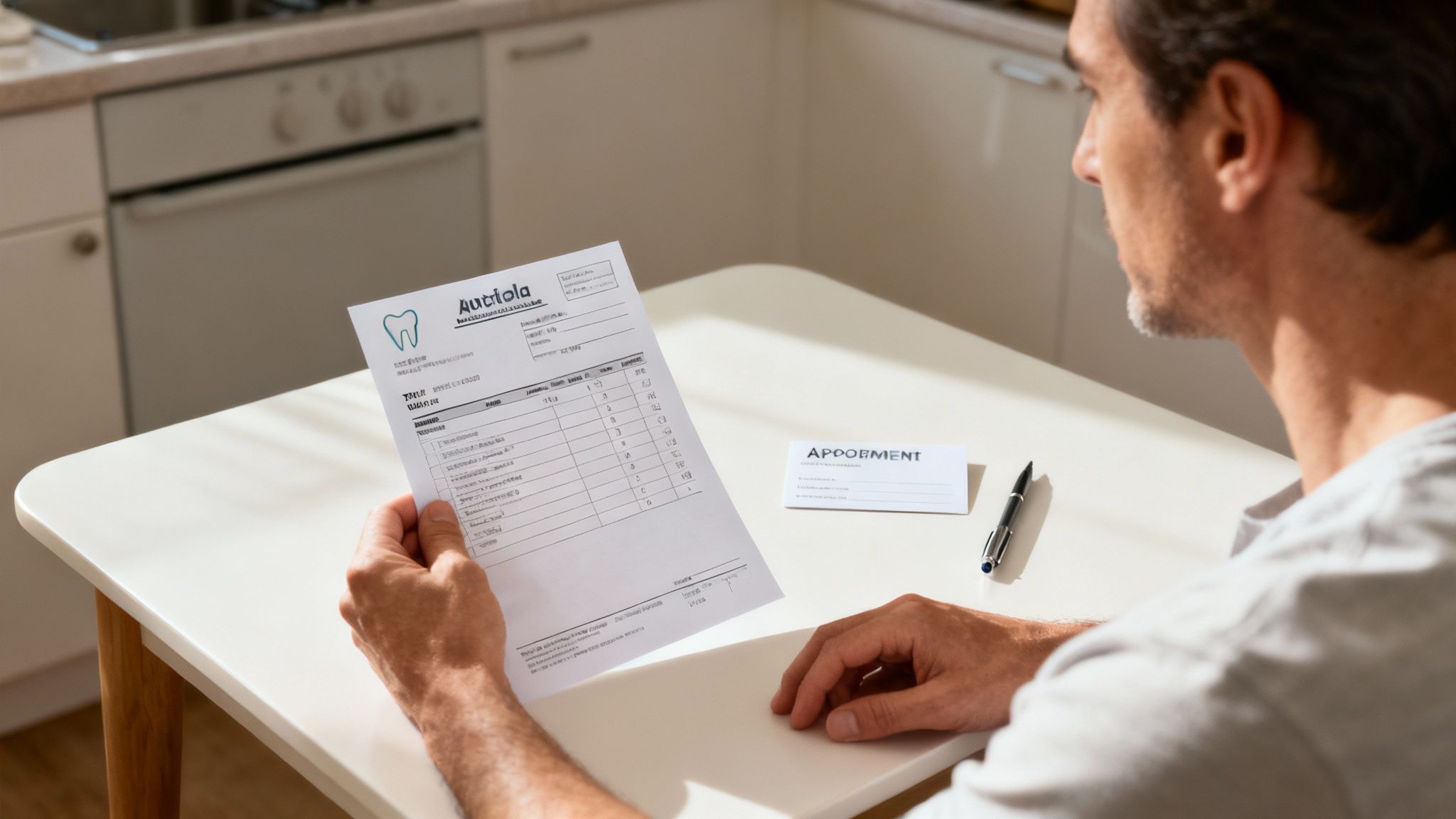Man reviewing dental treatment plan invoice and appointment card at white table