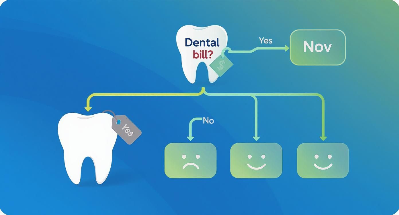 Diagram illustrating dental bill decisions, showing 'Yes' for payment in November, and 'No' for different emotional outcomes.