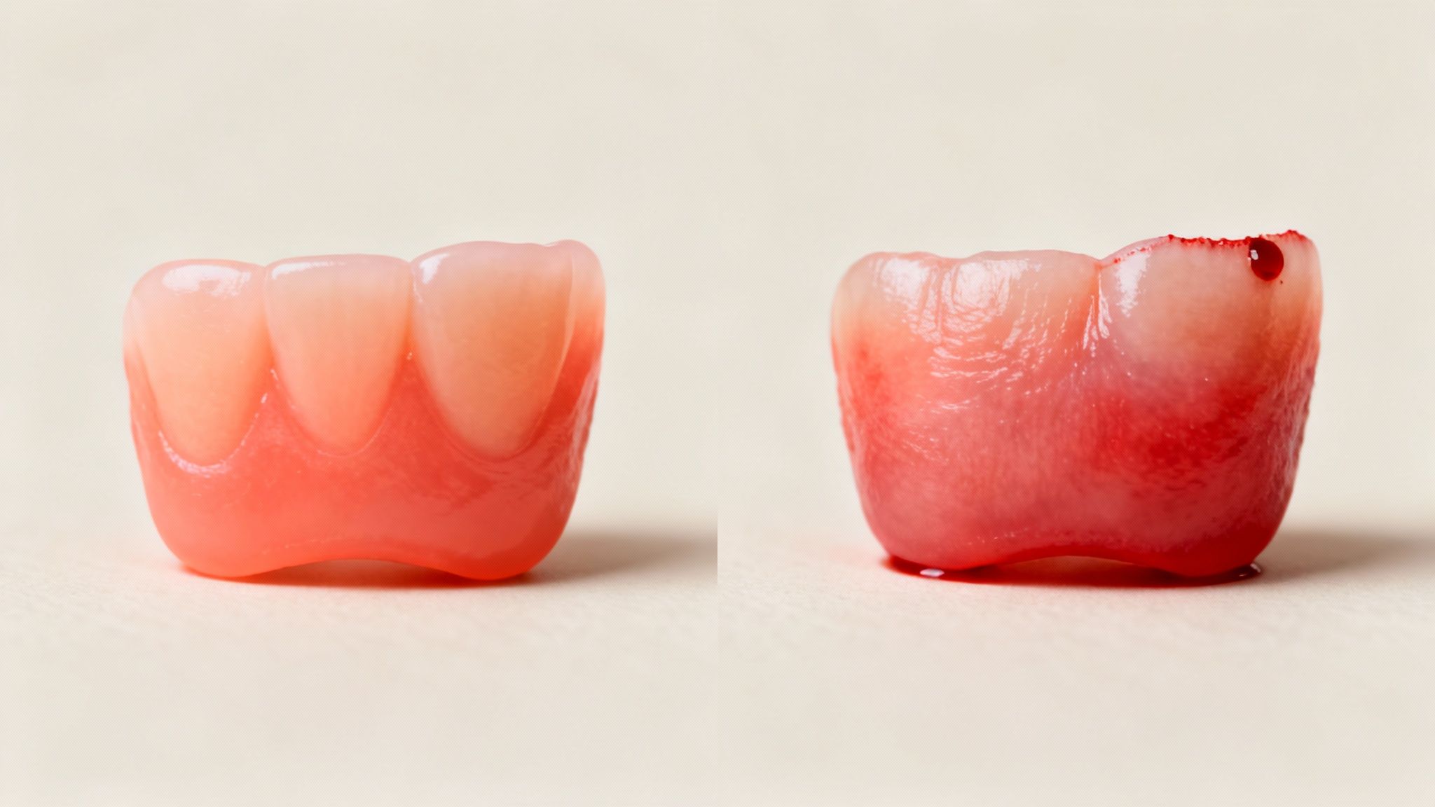 Two dental models comparing healthy pink gums to inflamed, bleeding gums with a visible blood drop.