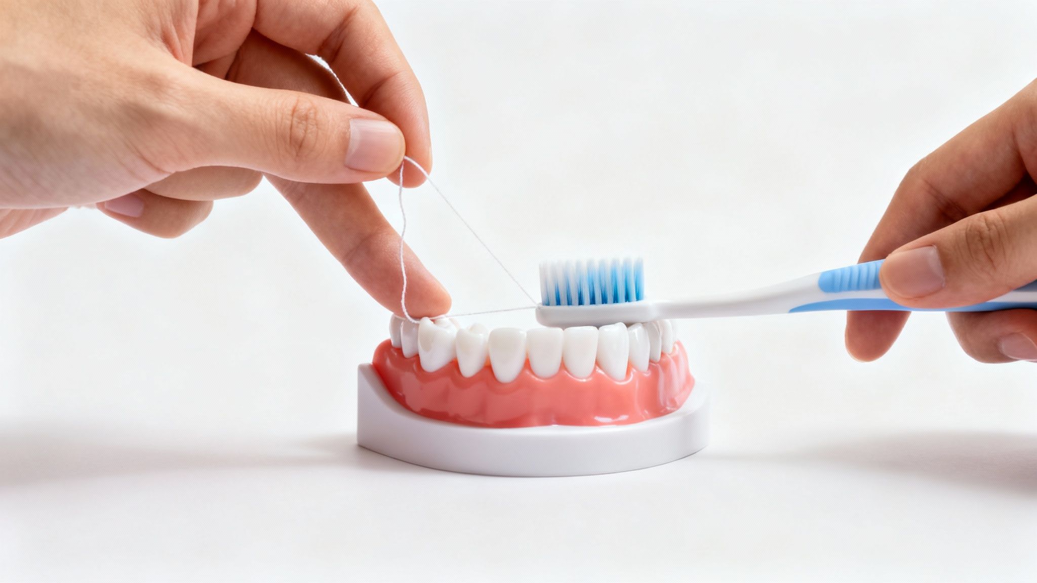 Hands demonstrate proper flossing and brushing techniques on a dental model for oral hygiene.