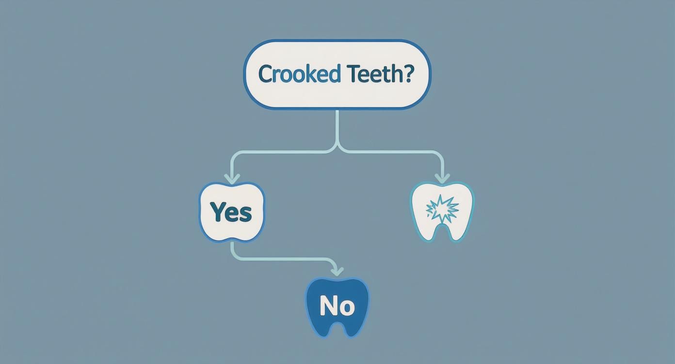 A flowchart asking 'Crooked Teeth?' with a 'Yes' path leading to a 'No' tooth icon.