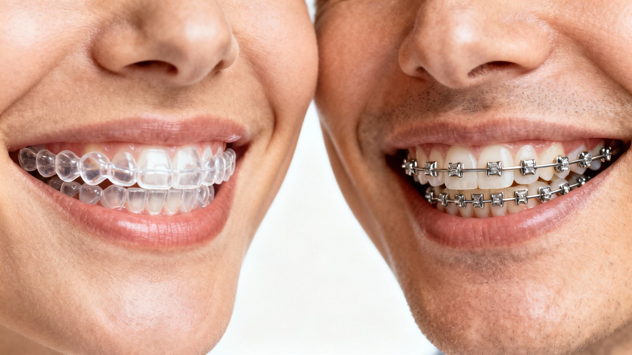 Close-up of two smiles showing different teeth straightening options: clear aligners and metal braces.