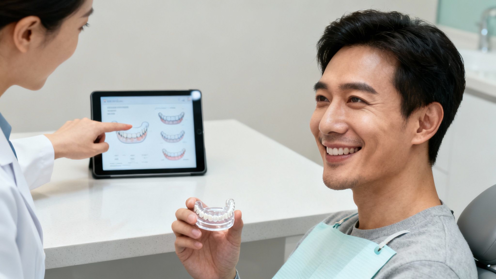 A female dentist discusses dental options on a tablet with a smiling male patient holding a teeth model.