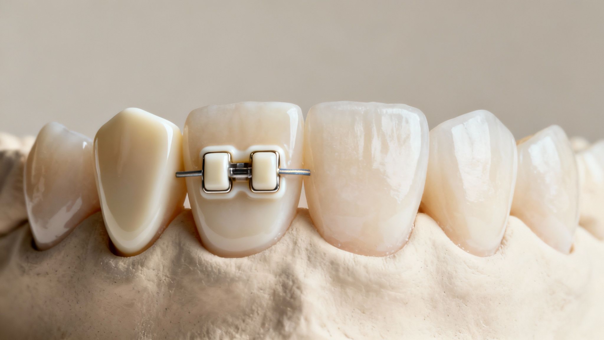 A close-up of a dental model showing ceramic braces attached to one tooth.
