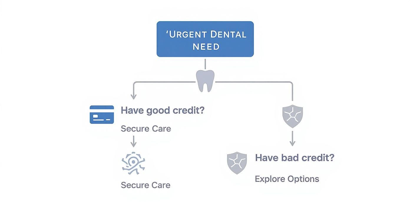 Flowchart detailing urgent dental need financing options, distinguishing pathways for good credit versus bad credit.