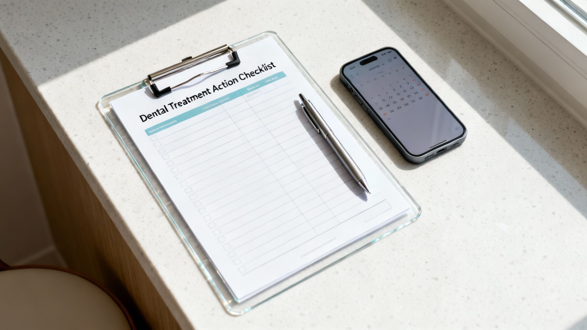A dental treatment action checklist, pen, and phone with a calendar on a white counter.