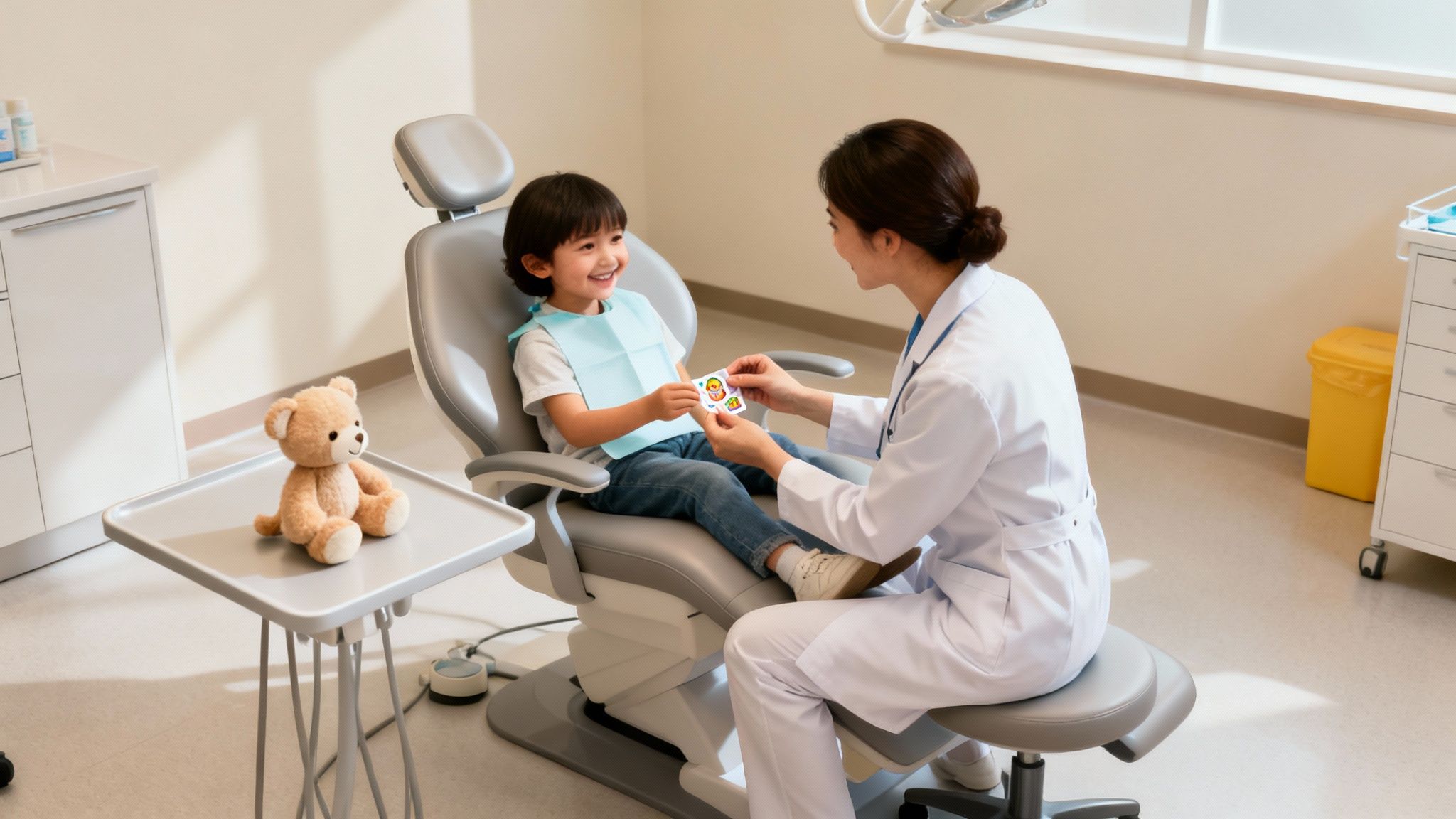 A cheerful young child in a dental chair looking at cards with a friendly female dentist.
