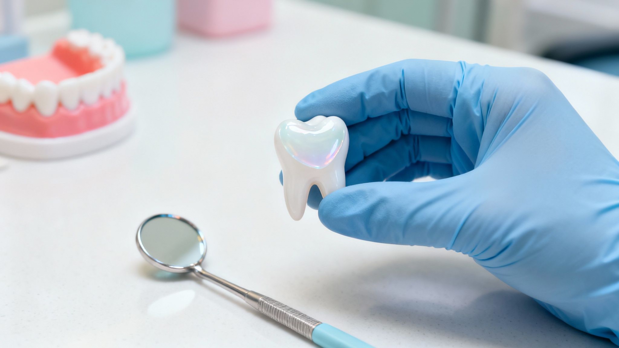 A gloved hand holds a tooth model with a heart, near a dental mirror and jaw model.
