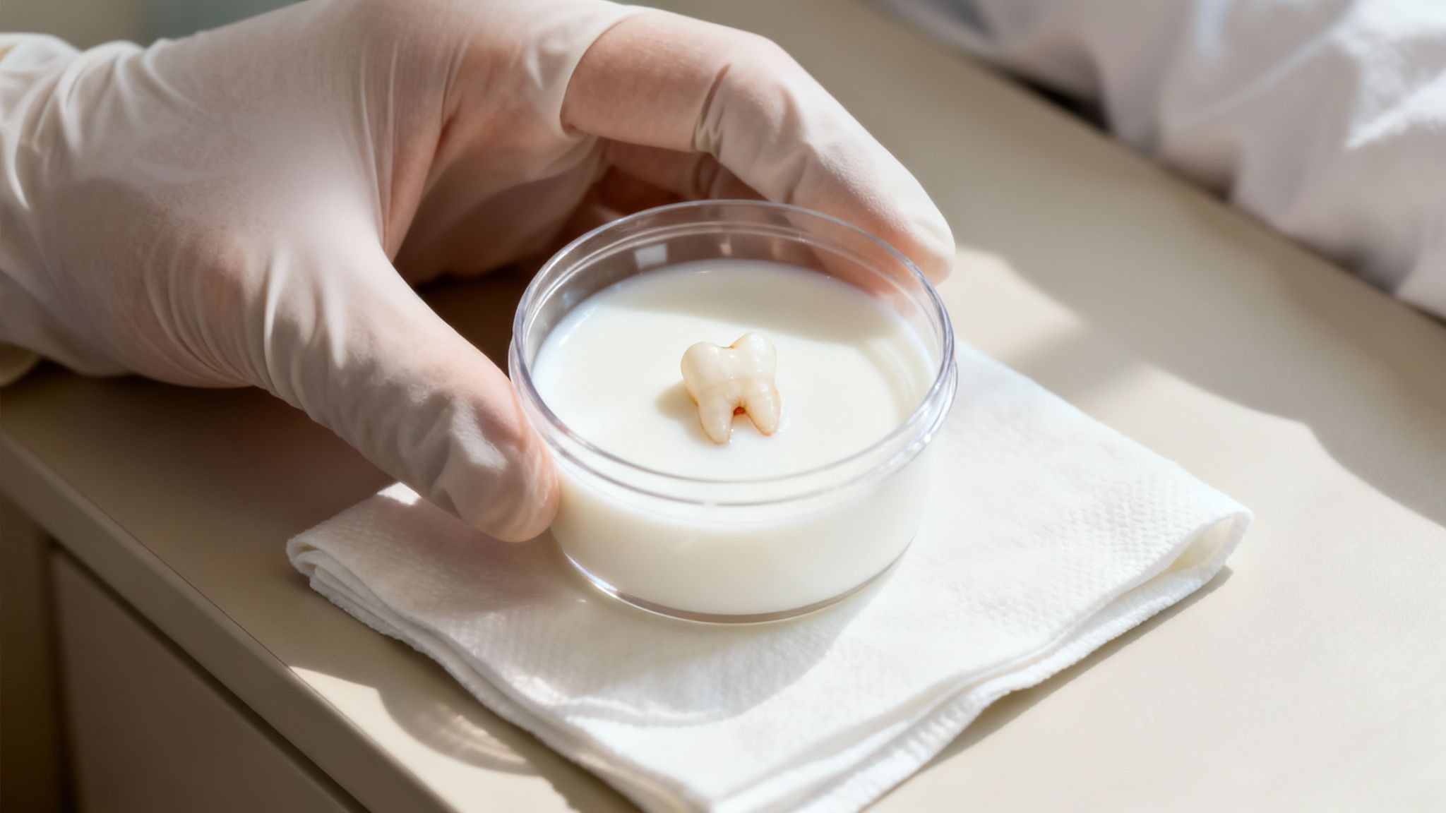 A gloved hand holds an an extracted tooth in a cup of milk on a white napkin, likely for preservation.