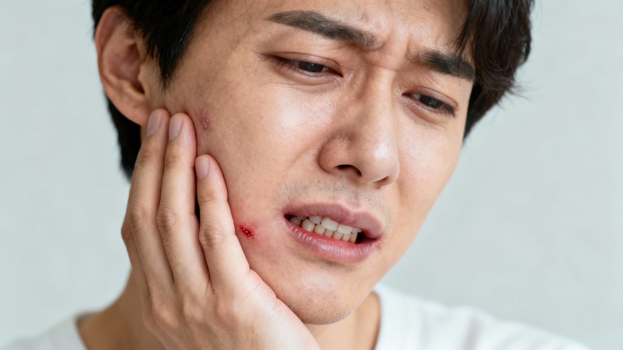 A man with a painful mouth injury and a sore on his cheek, touching his face in discomfort.