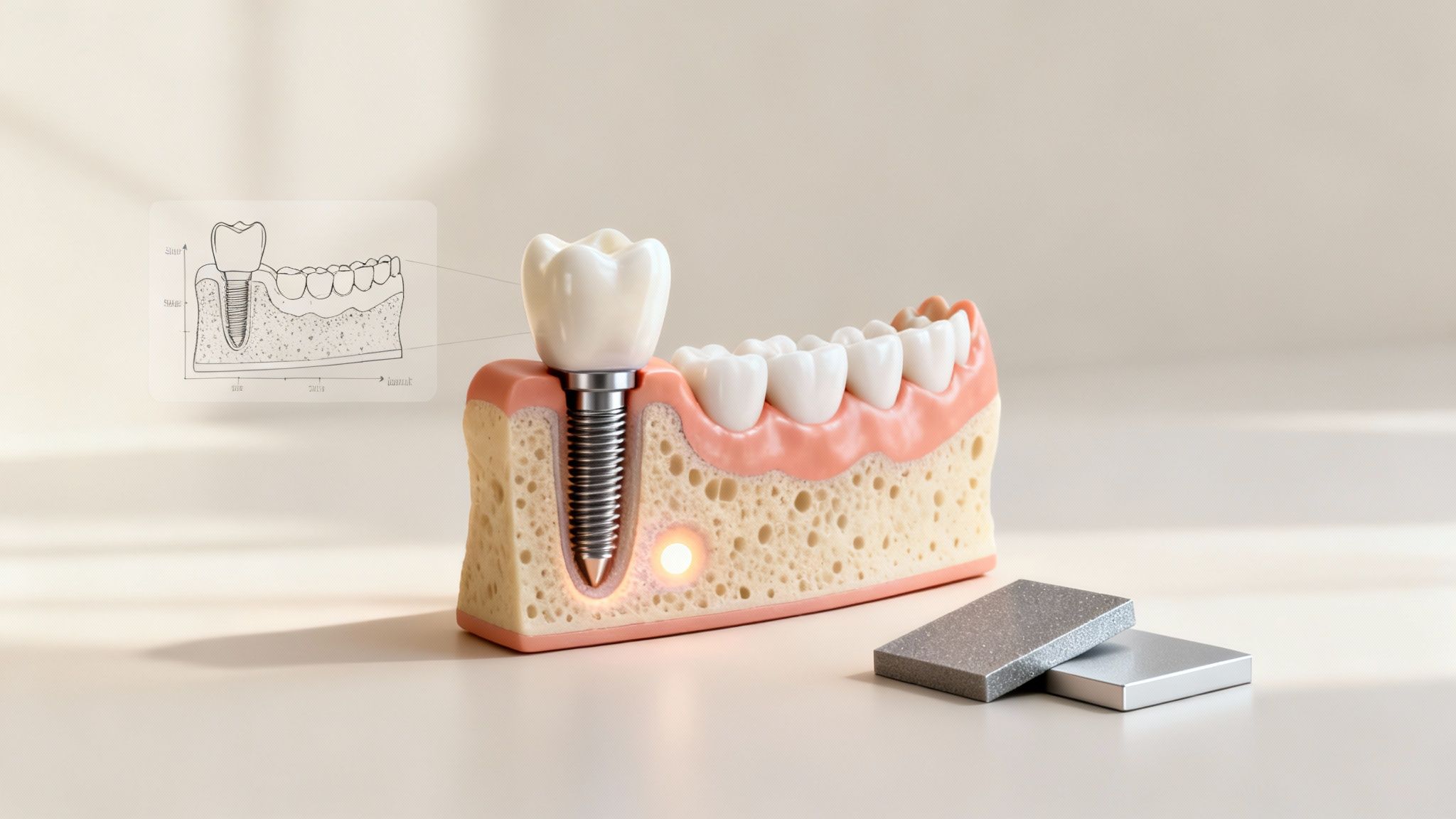 A detailed 3D dental model shows a tooth implant in the jawbone, with a diagram and material samples.