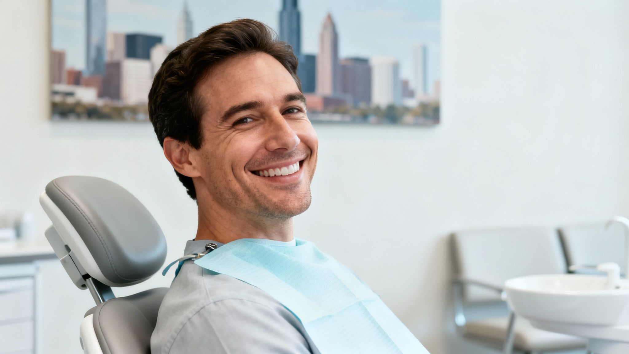 Smiling man in a dental chair with a bib, happy with his dental care.