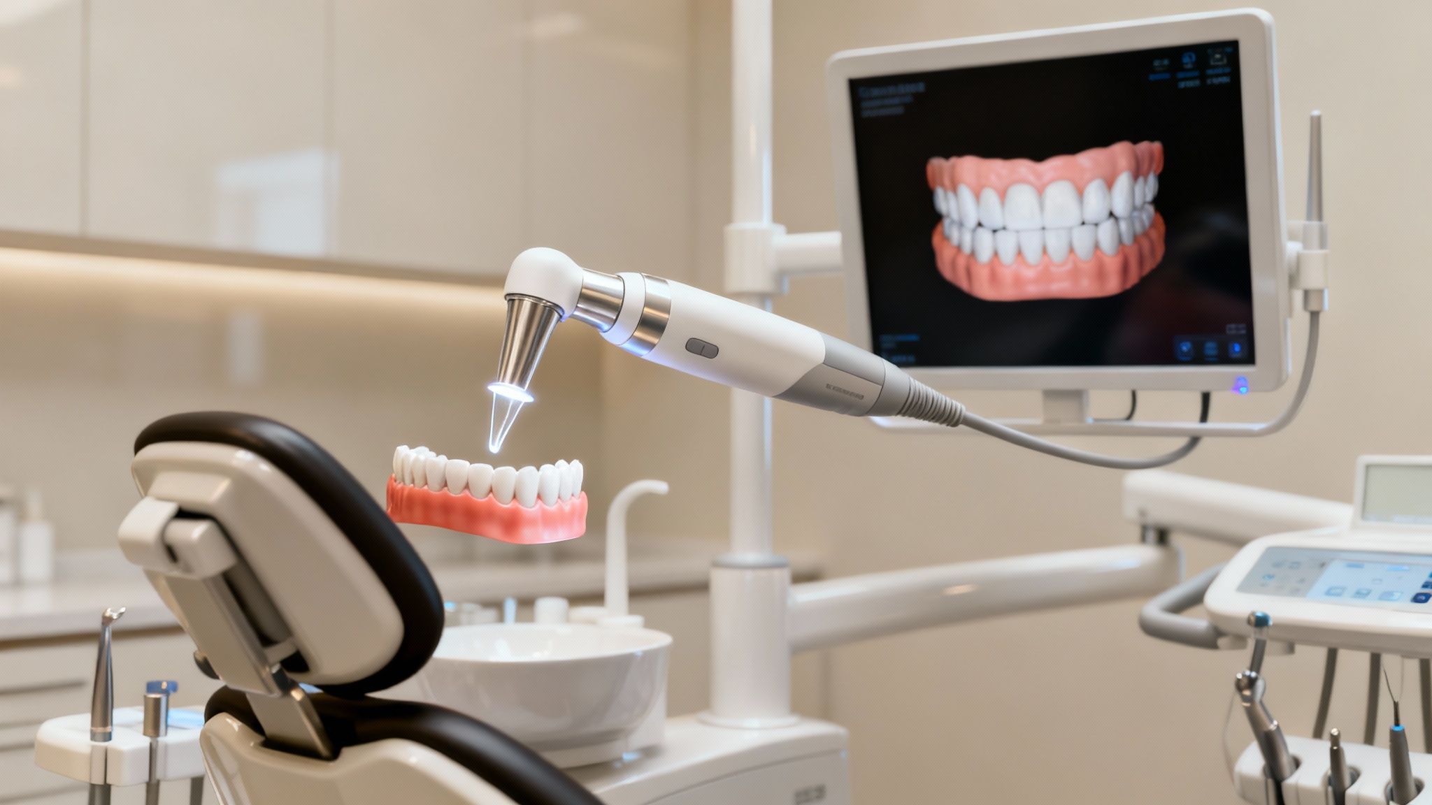 Modern dental clinic featuring an intraoral scanner, teeth model, and digital display for cosmetic procedures.