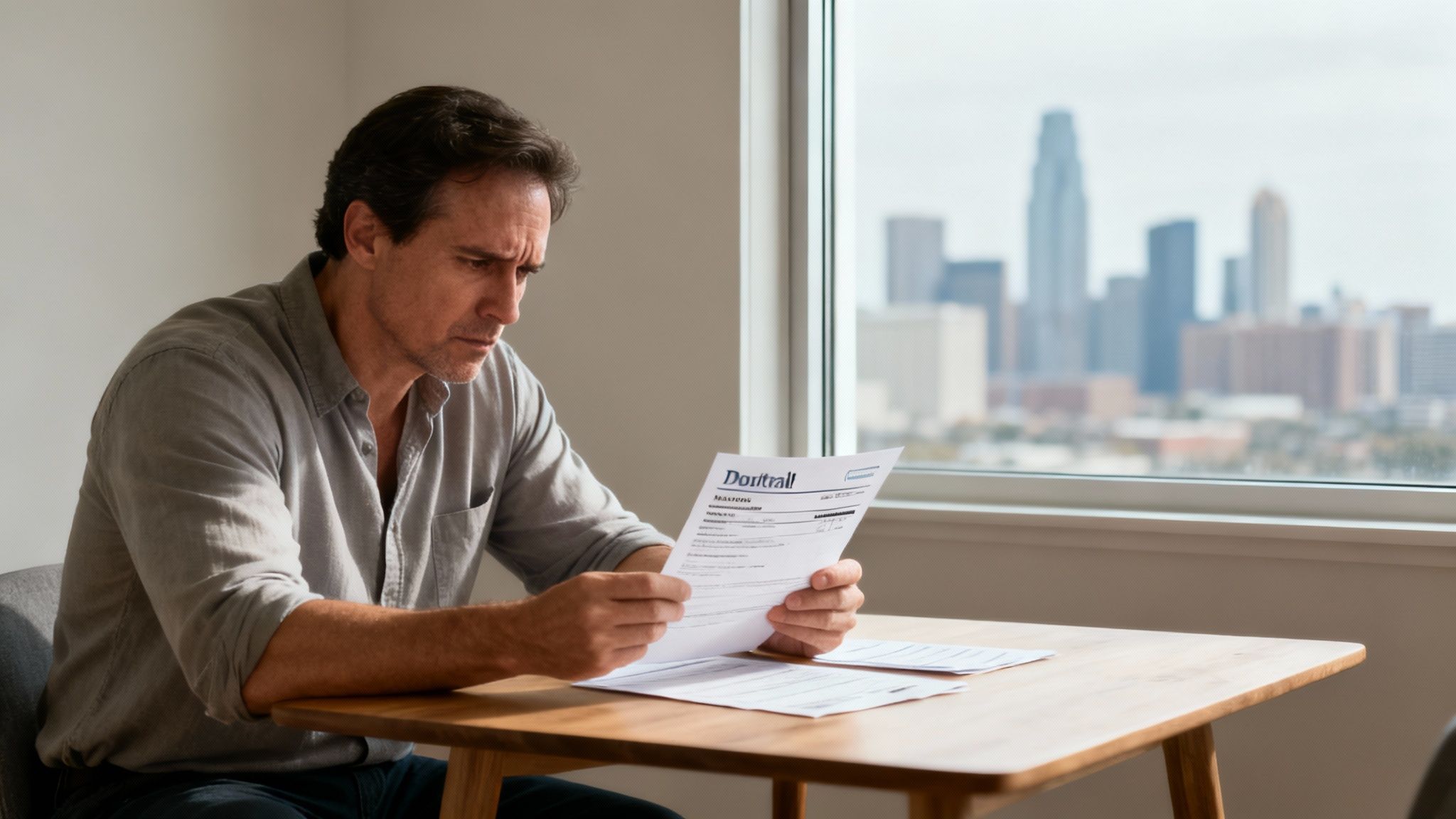 A man looking concerned while reading a document at a table with a city skyline outside the window.