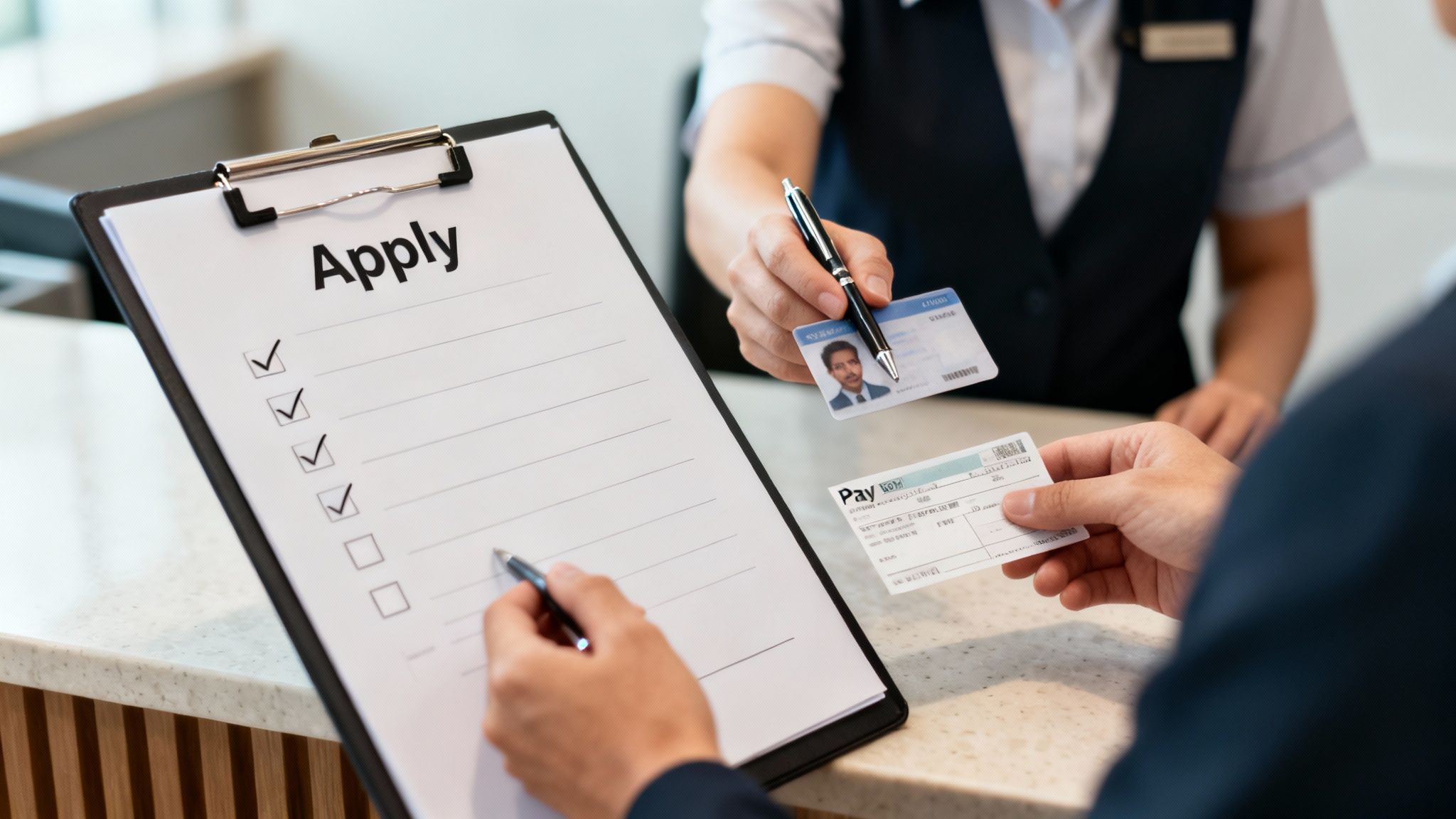 Customer signing an application form while a service agent offers an ID card and pen.
