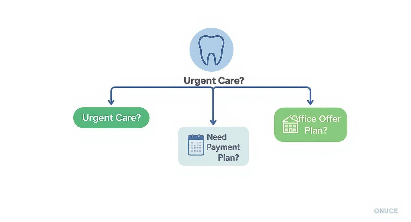 A flowchart showing dental care decisions: urgent care, payment plans, and office offers.