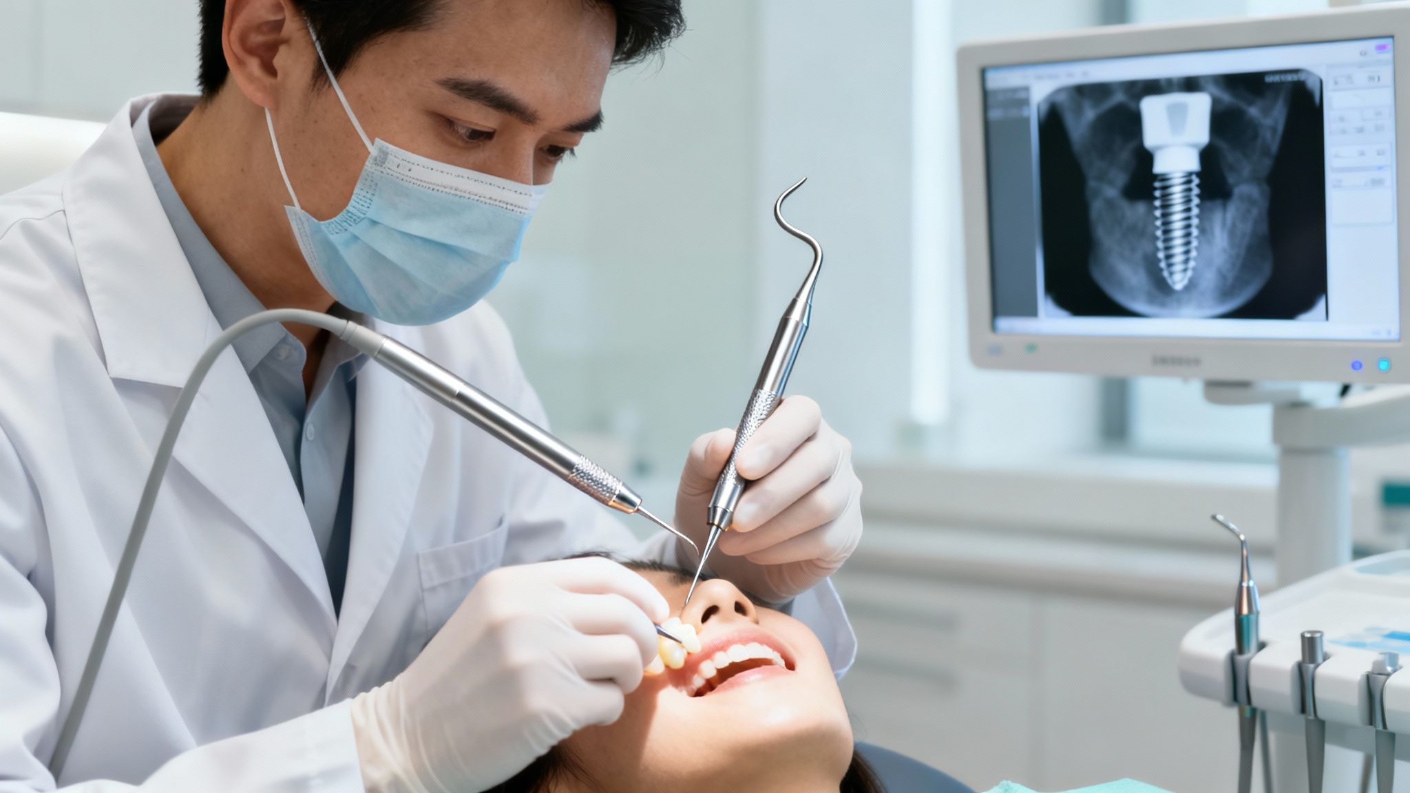 Dentist performs a dental procedure on a patient, with a dental implant X-ray on monitor.