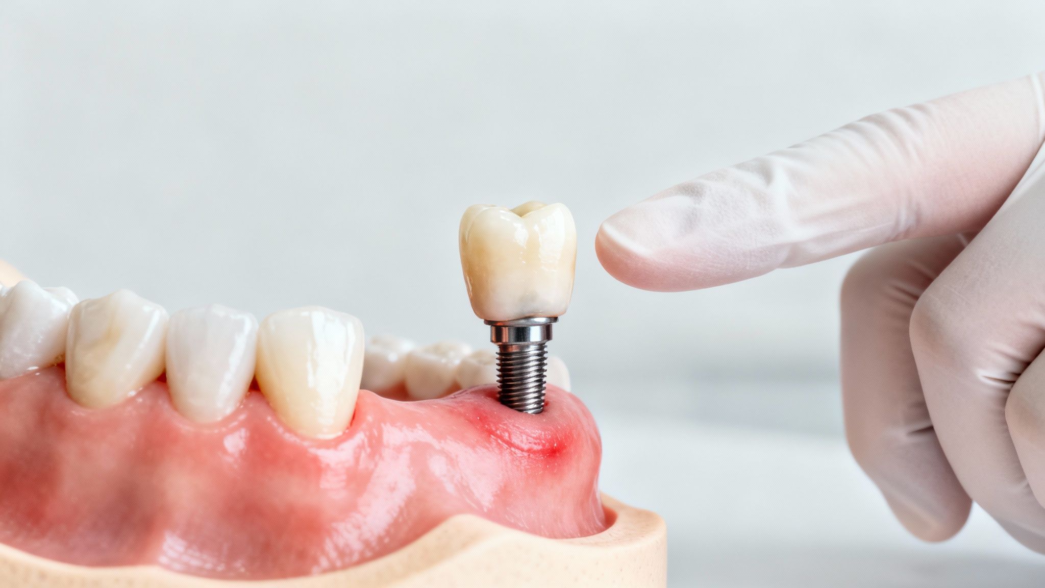 A gloved hand points to a dental implant with a crown on a model showing inflamed gum.