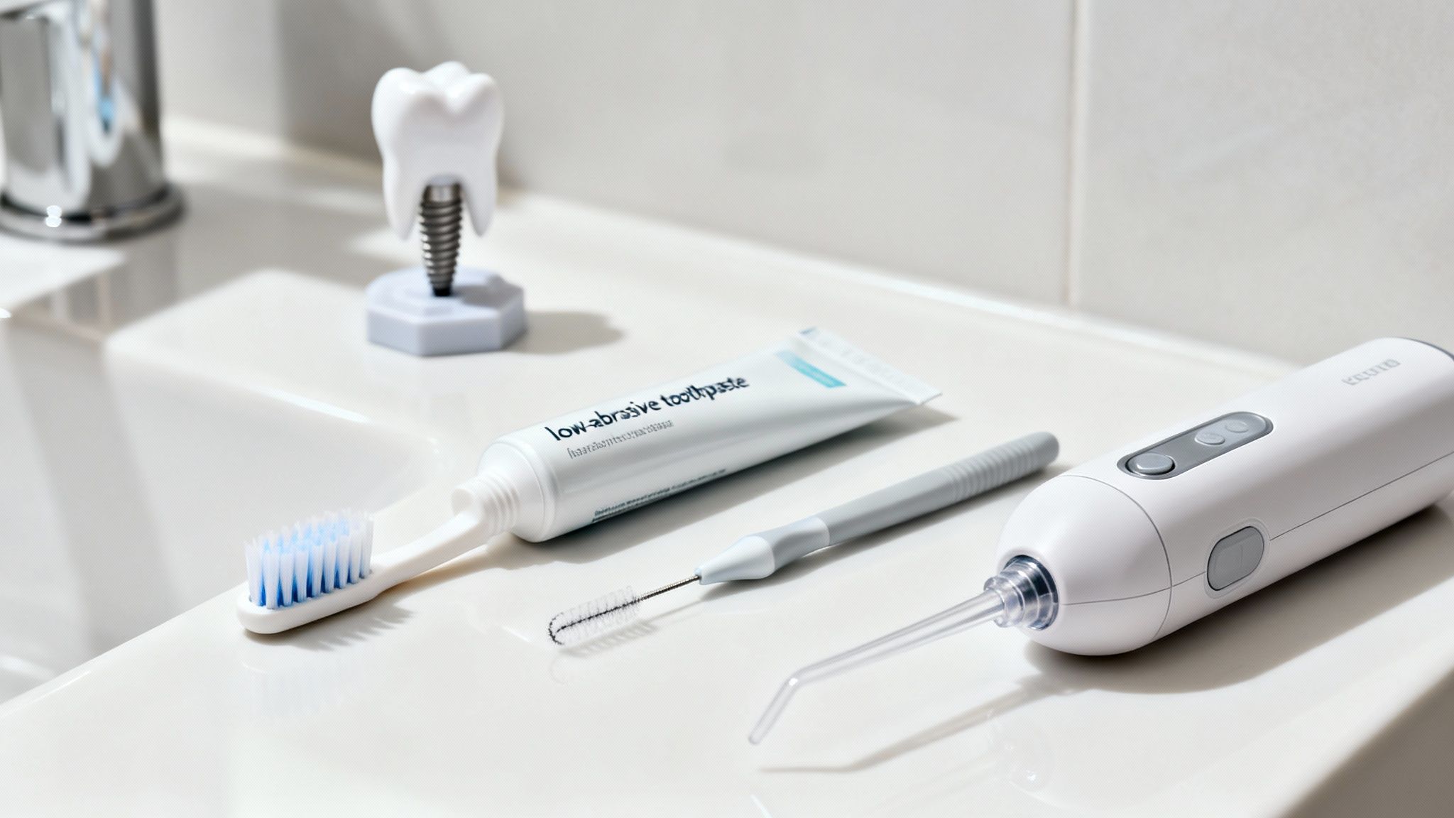 A collection of dental care products including a toothbrush, toothpaste, water flosser, and implant model.