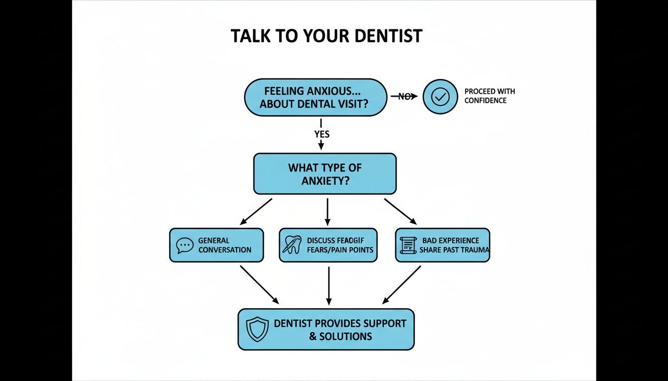 Flowchart illustrating steps to address dental anxiety by discussing fears and solutions with your dentist.