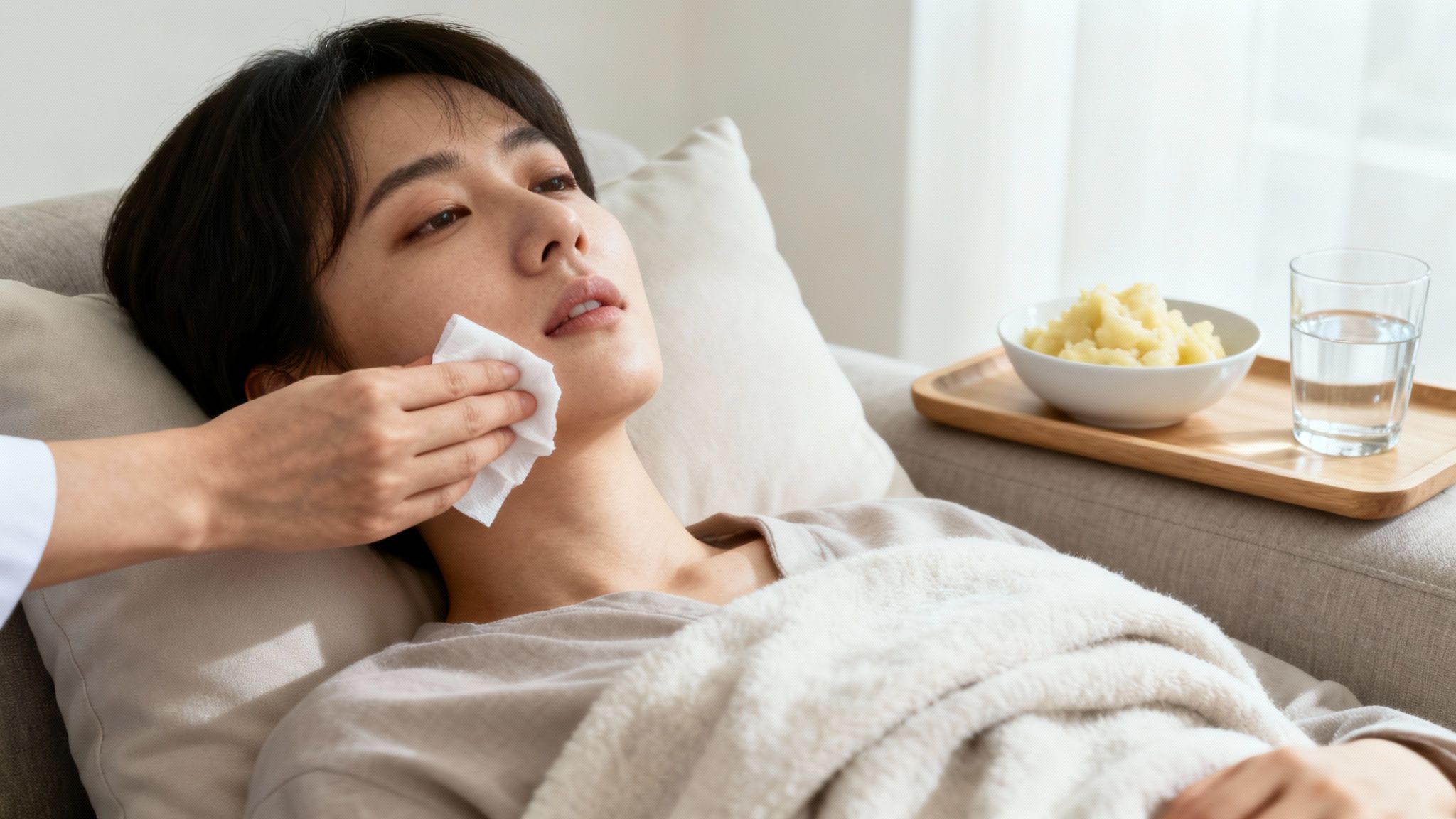 A person recovering on a couch, being gently wiped with a tissue, with soft food nearby.