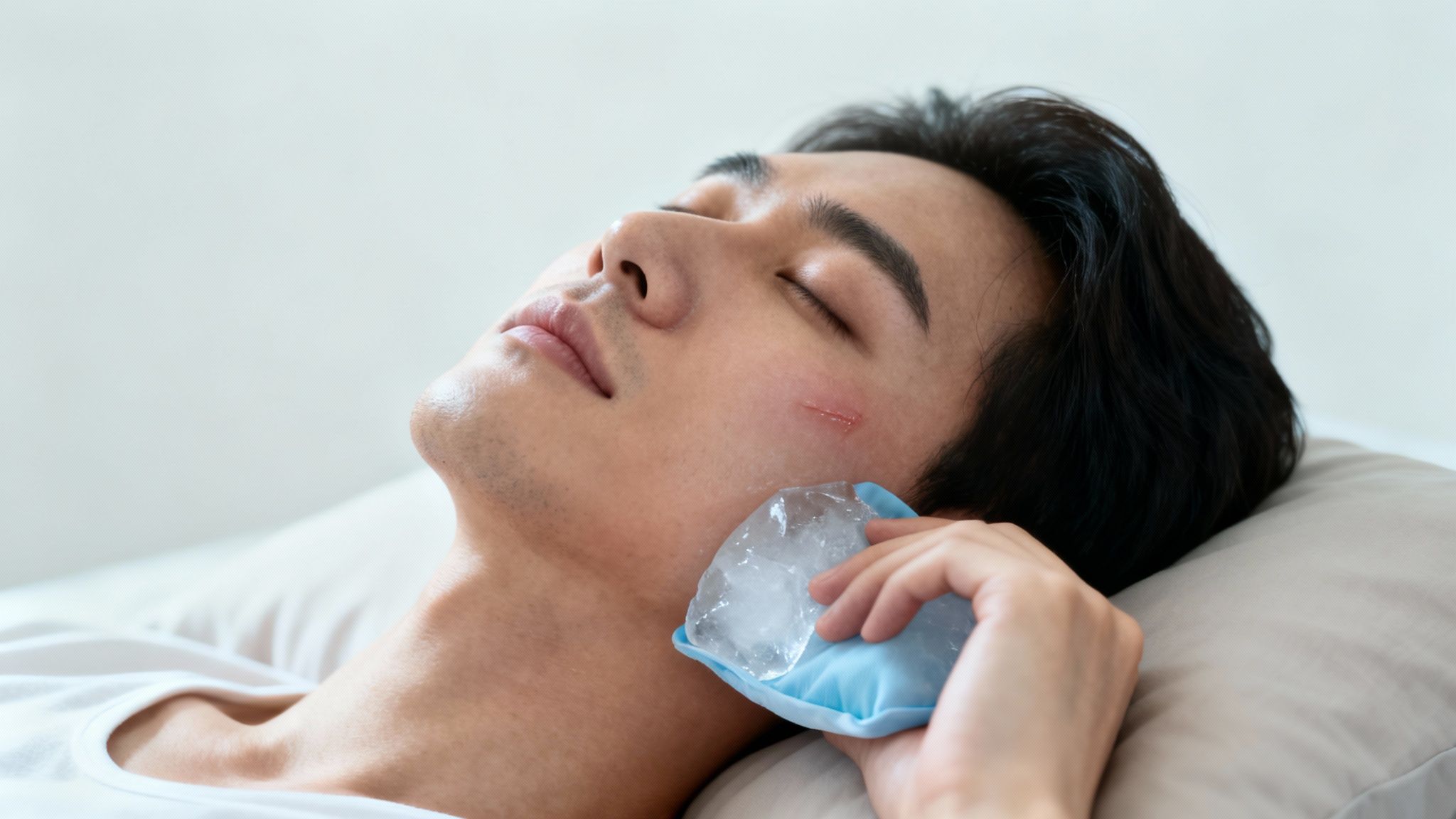 A young man with a red mark on his cheek applies an ice pack while resting.